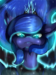 Size: 1480x1973 | Tagged: safe, artist:suirano, character:princess luna, species:alicorn, species:anthro, species:pony, angry, female, glowing eyes, glowing horn, solo