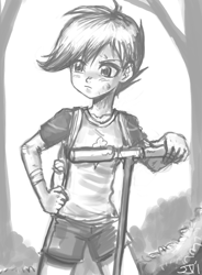 Size: 800x1088 | Tagged: safe, artist:johnjoseco, character:scootaloo, species:human, species:pegasus, species:pony, adobe imageready, female, grayscale, humanized, monochrome, scooter, solo