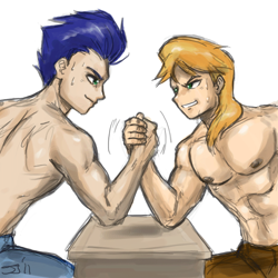 Size: 900x900 | Tagged: safe, artist:johnjoseco, character:braeburn, character:soarin', species:human, g4, adobe imageready, arm wrestling, clothing, handsome, humanized, male, simple background, something for the ladies, stupid sexy braeburn, topless, white background