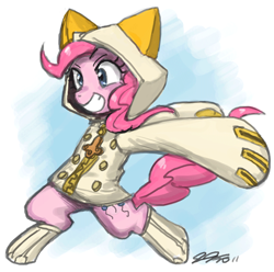 Size: 700x693 | Tagged: safe, artist:johnjoseco, character:pinkie pie, species:earth pony, species:pony, g4, adobe imageready, bipedal, blazblue, clothing, cosplay, costume, crossover, cute, diapinkes, female, mare, smiling, solo, taokaka