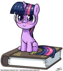Size: 700x797 | Tagged: safe, artist:johnjoseco, character:twilight sparkle, character:twilight sparkle (unicorn), species:pony, species:unicorn, :>, blushing, book, colored pupils, cute, female, filly, foal, glasses, hnnng, looking at you, simple background, sitting, smiling, solo, twiabetes, white background, younger
