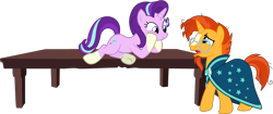 Size: 4500x1885 | Tagged: safe, artist:cloudyglow, artist:r3ap3rg, character:starlight glimmer, character:sunburst, species:pony, species:unicorn, episode:uncommon bond, g4, my little pony: friendship is magic, absurd resolution, clothing, female, glasses, hooves on face, looking down, looking up, male, mare, on table, ponies wearing sunburst's socks, robe, simple background, sockless sunburst, socks (coat marking), stallion, sunburst's robe, table, teasing, transparent background, underhoof