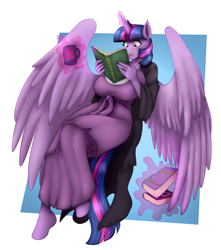 Size: 2124x2400 | Tagged: safe, artist:09hankris, artist:marauder6272, character:twilight sparkle, character:twilight sparkle (alicorn), species:alicorn, species:anthro, species:pony, species:unguligrade anthro, beverage, big breasts, big wings, book, breasts, busty twilight sparkle, clothing, commission, female, huge breasts, levitation, magic, mug, reading, solo, telekinesis, that pony sure does love books, wings
