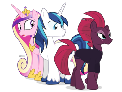 Size: 1125x850 | Tagged: safe, artist:dm29, character:fizzlepop berrytwist, character:princess cadance, character:shining armor, character:tempest shadow, species:alicorn, species:pony, species:unicorn, ship:shiningcadance, broken horn, distracted boyfriend meme, eye scar, female, looking back, male, mare, married couple, mohawk, scar, scared, shiningshadow, shipping, simple background, stallion, straight, this will end in a night on the couch, transparent background, trio, unshorn fetlocks, walking