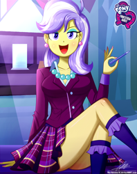 Size: 920x1160 | Tagged: safe, artist:the-butch-x, part of a set, character:upper crust, equestria girls:friendship games, g4, my little pony: equestria girls, my little pony:equestria girls, adorasexy, ass, breasts, butch's hello, butt, cleavage, clothing, crossed legs, crystal prep academy uniform, cute, ear piercing, earring, equestria girls logo, female, hello x, jewelry, legs, looking at you, moe, nail polish, open mouth, pen, piercing, plaid skirt, pleated skirt, school uniform, schrödinger's pantsu, sexy, signature, sitting, skirt, skirt lift, solo, thighs, upper butt, upskirt denied