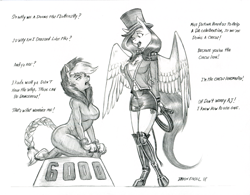 Size: 1400x1094 | Tagged: safe, artist:baron engel, character:applejack, character:fluttershy, species:anthro, species:unguligrade anthro, animal costume, applelion, big cat, boots, braided tail, bullwhip, circus, clothing, conversation, cosplay, costume, dialogue, grayscale, hat, lion, monochrome, pencil drawing, realistic horse legs, ring master, shoes, shorts, signature, simple background, skirt, top hat, traditional art, whip, white background