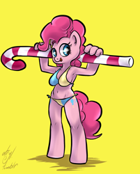 Size: 1280x1595 | Tagged: safe, artist:atryl, character:pinkie pie, species:anthro, species:unguligrade anthro, armpits, belly button, bikini, candy cane, clothing, female, simple background, solo, swimsuit, tongue out, yellow background