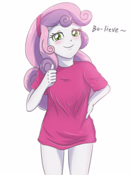 Size: 2728x3637 | Tagged: safe, artist:sumin6301, character:sweetie belle, my little pony:equestria girls, barely wwe related, blushing, bo dallas, clothing, dialogue, female, looking at you, no pants, simple background, smiling, smug, thumbs up, white background, wwe