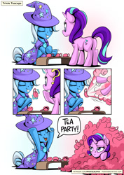 Size: 955x1351 | Tagged: safe, artist:mysticalpha, character:starlight glimmer, character:trixie, species:pony, species:unicorn, butt, comic, cup, duo, female, glowing horn, magic, magic trick, mare, plot, tea party, teacup, telekinesis, that pony sure does love teacups
