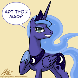 Size: 700x700 | Tagged: safe, artist:johnjoseco, character:princess luna, species:alicorn, species:pony, g4, adobe imageready, dialogue, female, mare, raised hoof, reaction image, simple background, solo, speech bubble, u mad, ye olde english