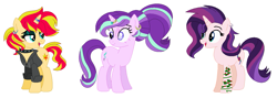 Size: 1243x441 | Tagged: safe, artist:fandom-crockpot, artist:mlpfangirl17, artist:selenaede, base used, character:starlight glimmer, character:sunset shimmer, oc, oc:evening glitter, parent:starlight glimmer, parent:sunset shimmer, parents:shimmerglimmer, species:pony, species:unicorn, icey-verse, ship:shimmerglimmer, alternate hairstyle, bedroom eyes, choker, clothing, ear piercing, earring, eye scar, eyeshadow, family, female, goth, horn ring, jacket, jewelry, leather jacket, lesbian, magical lesbian spawn, makeup, mare, mother and daughter, next generation, offspring, open mouth, piercing, ring, scar, shipping, simple background, spiked choker, tattoo, wedding ring, white background