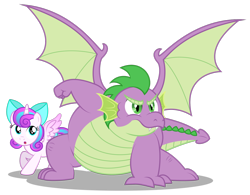Size: 1600x1250 | Tagged: safe, artist:aleximusprime, character:princess flurry heart, character:spike, species:alicorn, species:dragon, species:pony, bow, chubby, cute, fat, fat spike, female, filly, flurry heart's story, older, older flurry heart, older spike, plump, protecting, simple background, superhero landing, transparent background, vector, winged spike