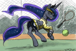 Size: 1000x667 | Tagged: safe, artist:johnjoseco, character:princess luna, species:alicorn, species:pony, g4, adobe imageready, clothing, featureless crotch, female, headband, looking at you, magic, mare, open mouth, plot, running, skirt, solo, sweat, sweater, telekinesis, tennis, underhoof