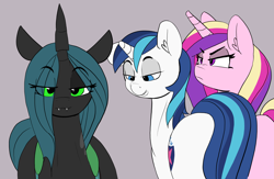 Size: 4116x2680 | Tagged: safe, artist:pabbley, character:princess cadance, character:queen chrysalis, character:shining armor, species:alicorn, species:changeling, species:pony, ship:shining chrysalis, ship:shiningcadance, 30 minute art challenge, :3, bedroom eyes, cadance is not amused, changeling queen, distracted boyfriend meme, eyes on the prize, fangs, female, frown, glare, gray background, grin, infidelity, looking at you, looking forward, male, meme, ponified meme, shipping, simple background, smiling, smirk, smug, smug bug, stallion, straight, this will end in a night on the couch, this will not end well, unamused