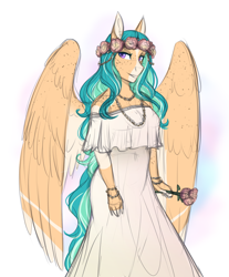 Size: 2508x3024 | Tagged: safe, artist:askbubblelee, oc, oc only, oc:willow breeze, species:anthro, species:pegasus, species:pony, anthro oc, beautiful, bride, clothing, dress, female, floral head wreath, flower, freckles, mare, simple background, smiling, solo, wedding dress, white background, wing freckles