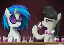 Size: 1500x1071 | Tagged: safe, artist:johnjoseco, character:dj pon-3, character:octavia melody, character:vinyl scratch, species:earth pony, species:pony, species:unicorn, blushing, bow tie, drinking, drunk, drunktavia, eyes closed, female, glass, ice, mare