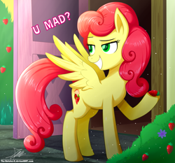 Size: 1871x1742 | Tagged: safe, artist:the-butch-x, character:strawberry sunrise, species:pegasus, species:pony, episode:honest apple, g4, my little pony: friendship is magic, bush, door, female, food, fruit, hoof hold, mare, question mark, raised eyebrow, signature, smug, solo, strawberry, u mad