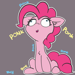 Size: 1280x1280 | Tagged: safe, artist:pabbley, character:pinkie pie, species:earth pony, species:pony, 30 minute art challenge, chest fluff, cute, derp, diapinkes, endless quoting, female, looking up, mare, no catchlights, silly, simple background, sitting, solo, white outline