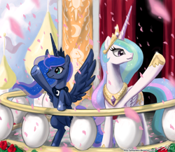 Size: 1200x1040 | Tagged: safe, artist:johnjoseco, character:princess celestia, character:princess luna, species:alicorn, species:pony, g4, adobe imageready, balcony, duo, duo female, female, mare, royal sisters, royal wave, underhoof