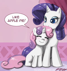 Size: 800x846 | Tagged: safe, artist:johnjoseco, character:rarity, character:sweetie belle, species:pony, species:unicorn, episode:sisterhooves social, g4, my little pony: friendship is magic, adobe imageready, apple pie, belle sisters, duo, duo female, female, filly, mare, sitting, snuggling