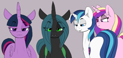 Size: 1267x602 | Tagged: safe, artist:pabbley, edit, editor:gutovi, character:princess cadance, character:queen chrysalis, character:shining armor, character:twilight sparkle, character:twilight sparkle (alicorn), species:alicorn, species:changeling, species:pony, species:unicorn, ship:cadalis, ship:chrysarmordance, ship:shining chrysalis, ship:shiningcadance, ship:shiningsparkle, ship:twidance, bisexual, brother and sister, changeling queen, distracted boyfriend meme, eyes on the prize, female, incest, lesbian, male, mare, meme, polyamory, ponified meme, shipping, smiling, smug, stallion, straight, twicest