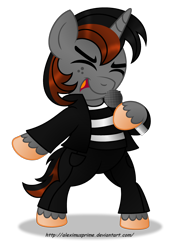 Size: 1600x2296 | Tagged: safe, artist:aleximusprime, oc, oc only, oc:twisty, species:pony, species:unicorn, bipedal, elvis presley, eyes closed, jailhouse rock, male, microphone, simple background, singing, solo, transparent background