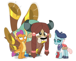 Size: 1000x800 | Tagged: safe, artist:dm29, character:ocellus, character:smolder, character:yona, species:changeling, species:dragon, species:reformed changeling, species:yak, episode:yakity-sax, g4, my little pony: friendship is magic, beret, boots, braid, clothing, cloven hooves, covering ears, dragoness, female, hat, megaphone, musical instrument, puffy cheeks, shoes, simple background, the story so far of season 8, transparent background, trio, yovidaphone