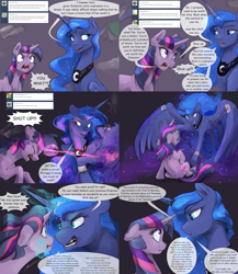 Size: 2557x2947 | Tagged: safe, artist:silfoe, character:princess luna, character:twilight sparkle, character:twilight sparkle (unicorn), species:alicorn, species:pony, species:unicorn, alternate timeline, alternate universe, angry, angry eyes, chains, comic, crying, dialogue, dream, dream walker luna, female, floppy ears, horse teeth, implied chrysalis, implied discord, implied king sombra, implied pony of shadows, implied tirek, mare, moonsetmlp, open mouth, speech bubble