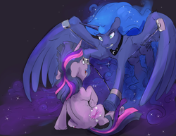 Size: 1280x989 | Tagged: safe, artist:silfoe, character:princess luna, character:twilight sparkle, character:twilight sparkle (unicorn), species:alicorn, species:pony, species:unicorn, angry, crying, ethereal mane, female, mare, moonsetmlp, shackles, spread wings, wings