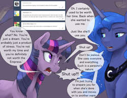 Size: 1280x989 | Tagged: safe, artist:silfoe, character:princess luna, character:twilight sparkle, character:twilight sparkle (unicorn), species:alicorn, species:pony, species:unicorn, alternate timeline, alternate universe, angry, dialogue, dream, dream walker luna, female, looking at each other, mare, moonsetmlp, sitting, speech bubble, tumblr