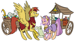 Size: 1533x855 | Tagged: no source, safe, artist:egophiliac, oc, oc only, oc:oasis shade, oc:sirocco breeze, species:pegasus, species:pony, species:unicorn, ankh, belt buckle, cart, clothing, egyptian, egyptian pony, female, hairband, headband, jewelry, male, mare, merchant, negotiating, robe, scarab, scarf, simple background, size difference, stallion, transparent background, wagon