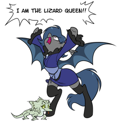 Size: 1196x1238 | Tagged: no source, safe, artist:egophiliac, oc, oc only, oc:river rhythm, species:bat pony, species:pony, clothing, dialogue, female, frill-necked lizard, hairband, i am the lizard queen, kimono (clothing), lizard, mare, reptile, screaming, silly, simple background, socks, solo, thigh highs, transparent background