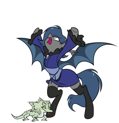 Size: 1196x1238 | Tagged: no source, safe, artist:egophiliac, oc, oc only, oc:river rhythm, species:bat pony, species:pony, clothing, female, frill-necked lizard, gecko, hairband, kimono (clothing), lizard, mare, reptile, screaming, silly, simple background, socks, solo, thigh highs, transparent background