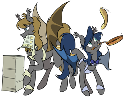 Size: 1467x1146 | Tagged: no source, safe, artist:egophiliac, oc, oc only, oc:blueberry pancake, oc:buttermilk pancake, species:bat pony, species:pony, apron, bow tie, brother and sister, clothing, cute, female, flipping, food, frying pan, male, mare, menu, pancakes, simple background, stallion, transparent background, twins