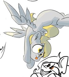 Size: 701x791 | Tagged: safe, artist:greyscaleart, artist:pabbley, character:derpy hooves, character:princess celestia, oc, oc:oblivia, species:pony, backbend, blep, female, flexible, mare, partial color, silly, simple background, tongue out, white background