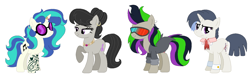 Size: 1494x450 | Tagged: safe, artist:fandom-crockpot, artist:mlpfangirl17, artist:selenaede, base used, character:dj pon-3, character:octavia melody, character:vinyl scratch, oc, oc:nuance harmoney, oc:sawtooth vibe, parent:octavia melody, parent:vinyl scratch, parents:scratchtavia, species:earth pony, species:pony, species:unicorn, icey-verse, ship:scratchtavia, alternate hairstyle, clothing, ear piercing, earring, family, female, glasses, hair bun, horn ring, jacket, jewelry, leather jacket, lesbian, magical lesbian spawn, mare, mother and daughter, necklace, next generation, offspring, piercing, ring, shipping, simple background, sisters, tattoo, unamused, vinyl's glasses, wedding ring, white background