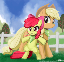 Size: 900x871 | Tagged: safe, artist:johnjoseco, character:apple bloom, character:applejack, species:earth pony, species:pony, episode:sisterhooves social, g4, my little pony: friendship is magic, adobe imageready, apple sisters, applejack's hat, bandana, bipedal, clothing, cowboy hat, duo, duo female, female, fence, filly, foal, hat, mare, protecting, scarf, siblings, sisters, stetson