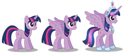 Size: 5000x2148 | Tagged: safe, artist:aleximusprime, character:twilight sparkle, character:twilight sparkle (alicorn), character:twilight sparkle (unicorn), species:alicorn, species:pony, species:unicorn, age progression, anklet, big crown thingy, element of magic, female, height difference, jewelry, mare, necklace, older, older twilight, regalia, simple background, solo, spread wings, tiara, transparent background, wings