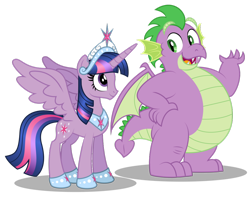Size: 1024x819 | Tagged: safe, artist:aleximusprime, character:spike, character:twilight sparkle, character:twilight sparkle (alicorn), species:alicorn, species:dragon, species:pony, adult, adult spike, big crown thingy, chubby, claws, cutie mark, dragon wings, duo, fangs, fat, fat spike, female, flurry heart's story, future, hooves, horn, horns, jewelry, male, mare, older, older spike, older twilight, open mouth, plump, regalia, simple background, spread wings, talking, tiara, transparent background, vector, winged spike, wings