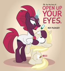 Size: 875x950 | Tagged: safe, artist:dm29, character:fizzlepop berrytwist, character:tempest shadow, oc, oc:colin nary, species:pony, species:unicorn, broken horn, duo, eye drops, eye scar, female, looking up, male, mare, open up your *very* eyes, open up your eyes, optometrist, pain, pink background, pun, scar, simple background, stallion