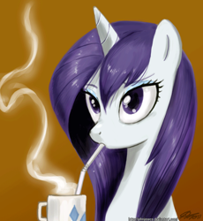 Size: 800x871 | Tagged: safe, artist:johnjoseco, character:rarity, species:pony, species:unicorn, g4, adobe imageready, coffee, female, hot chocolate, loose hair, mare, solo, straw, wet, wet mane, wet mane rarity, wrong eye color