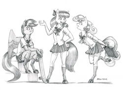 Size: 1400x1020 | Tagged: safe, artist:baron engel, character:apple bloom, character:scootaloo, character:sweetie belle, species:anthro, species:pegasus, species:pony, species:unguligrade anthro, bow, clothing, cute, cutie mark crusaders, female, grayscale, legs, miniskirt, monochrome, pencil drawing, pleated skirt, school uniform, shoes, simple background, skateboard, sketch, skirt, skirtaloo, smiling, socks, thighs, traditional art, upskirt denied, white background