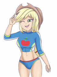 Size: 2728x3637 | Tagged: safe, artist:sumin6301, character:applejack, g4, my little pony: equestria girls, my little pony:equestria girls, applejack's hat, belly button, bikini, breasts, busty applejack, clothing, cowboy hat, curvy, cute, female, freckles, hat, midriff, one eye closed, open mouth, simple background, solo, stetson, swimsuit, underwear, white background, wink