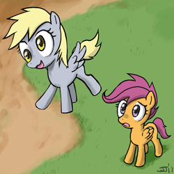 Size: 800x800 | Tagged: safe, artist:johnjoseco, character:derpy hooves, character:scootaloo, species:pegasus, species:pony, g4, adobe imageready, duo, duo female, female, filly, foal