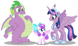 Size: 6393x3767 | Tagged: safe, artist:aleximusprime, character:princess flurry heart, character:spike, character:twilight sparkle, character:twilight sparkle (alicorn), species:alicorn, species:dragon, species:pony, adult, adult spike, big crown thingy, bow, chubby, cute, fat spike, female, filly, filly flurry heart, flurry heart's story, future, future spike, jewelry, older, older spike, older twilight, plump, regalia, simple background, tiara, transparent background, trio, vector, winged spike