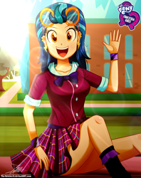Size: 920x1160 | Tagged: safe, artist:the-butch-x, part of a set, character:indigo zap, equestria girls:friendship games, g4, my little pony: equestria girls, my little pony:equestria girls, butch's hello, clothing, crystal prep academy uniform, cute, ear piercing, equestria girls logo, female, goggles, hello x, legs, looking at you, open mouth, piercing, plaid skirt, pleated skirt, school uniform, schrödinger's pantsu, sitting, skirt, skirt lift, smiling, socks, solo, thighs, upskirt denied, waving, wristband, zapabetes