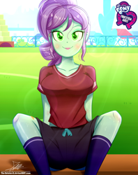 Size: 920x1160 | Tagged: safe, artist:the-butch-x, part of a set, character:crystal lullaby, my little pony:equestria girls, background human, breasts, busty crystal lullaby, butch's hello, clothing, cute, equestria girls logo, female, hello x, looking at you, school uniform, sitting, smiling, socks, solo, sports, sweat, thigh highs, uniform