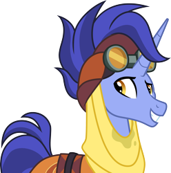 Size: 3000x3019 | Tagged: safe, artist:cloudyglow, character:hoo'far, species:pony, species:unicorn, episode:on the road to friendship, clothing, goggles, male, saddle arabian, simple background, smiling, solo, stallion, sweat, teeth, transparent background, vector