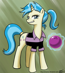 Size: 800x908 | Tagged: safe, artist:johnjoseco, character:allie way, species:pony, species:unicorn, abstract background, adobe imageready, bowling ball, female, glowing horn, horn, magic, mare, solo, tail wrap, telekinesis