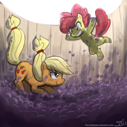 Size: 800x800 | Tagged: safe, artist:johnjoseco, character:apple bloom, character:applejack, species:earth pony, species:pony, adobe imageready, apple sisters, duo, duo female, female, filly, foal, grape stomping, grapes, hatless, jumping, mare, messy, missing accessory, siblings, sisters